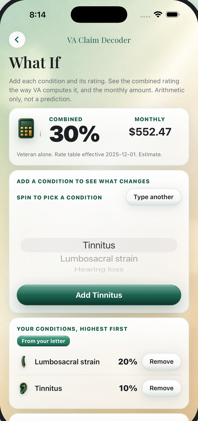 The rating calculator in the app, showing a combined rating and monthly estimate