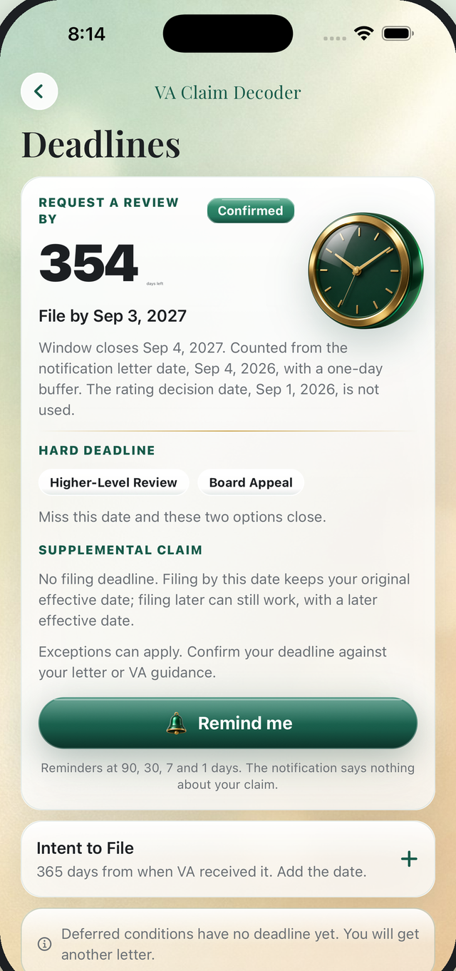 The Deadlines screen, separating the Higher-Level Review and Board Appeal deadline from the Supplemental Claim