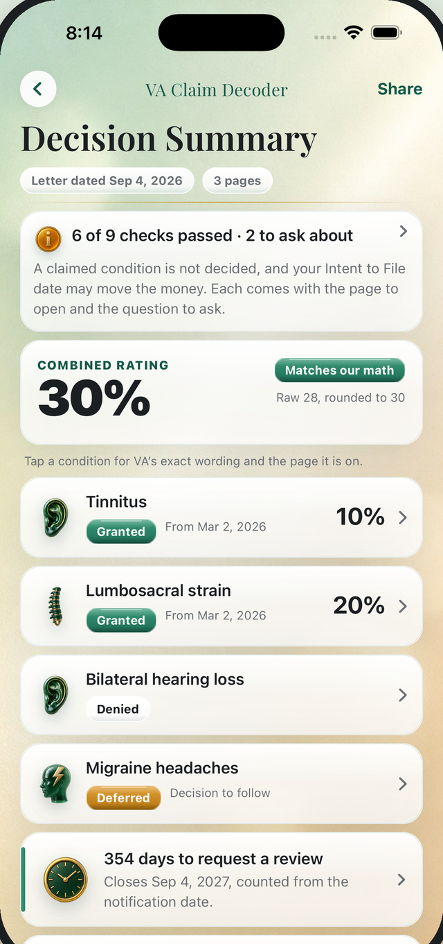 Decision Summary in the app: combined rating, and each condition with its decision, rating and effective date