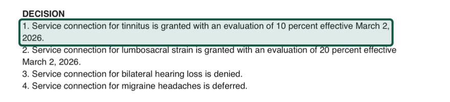 The decision section of the letter page, with the tinnitus sentence outlined