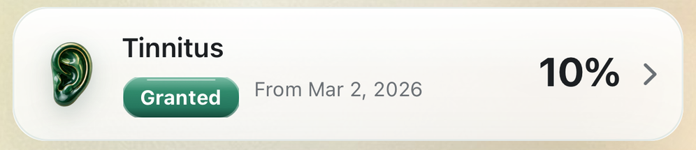 A result card from the app: Tinnitus, granted, 10 percent, from March 2, 2026