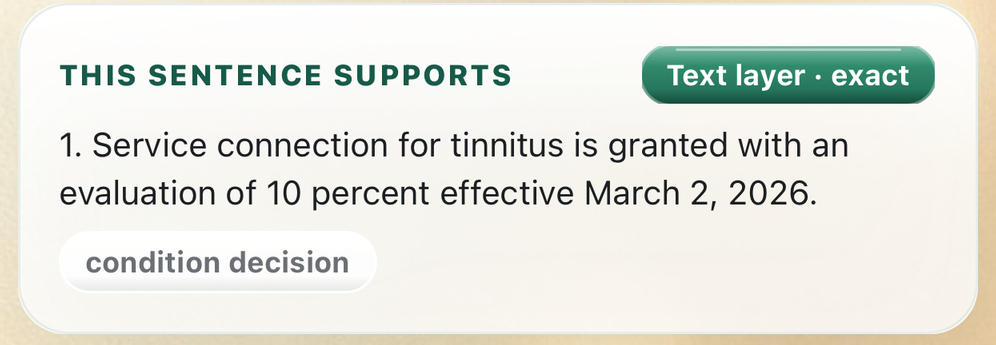 The app's panel quoting the sentence: service connection for tinnitus is granted with an evaluation of 10 percent effective March 2, 2026