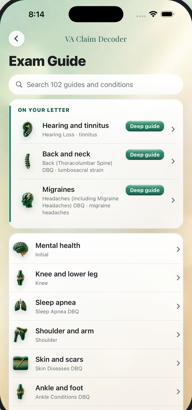 The Exam Guide in the app, with searchable guides by condition