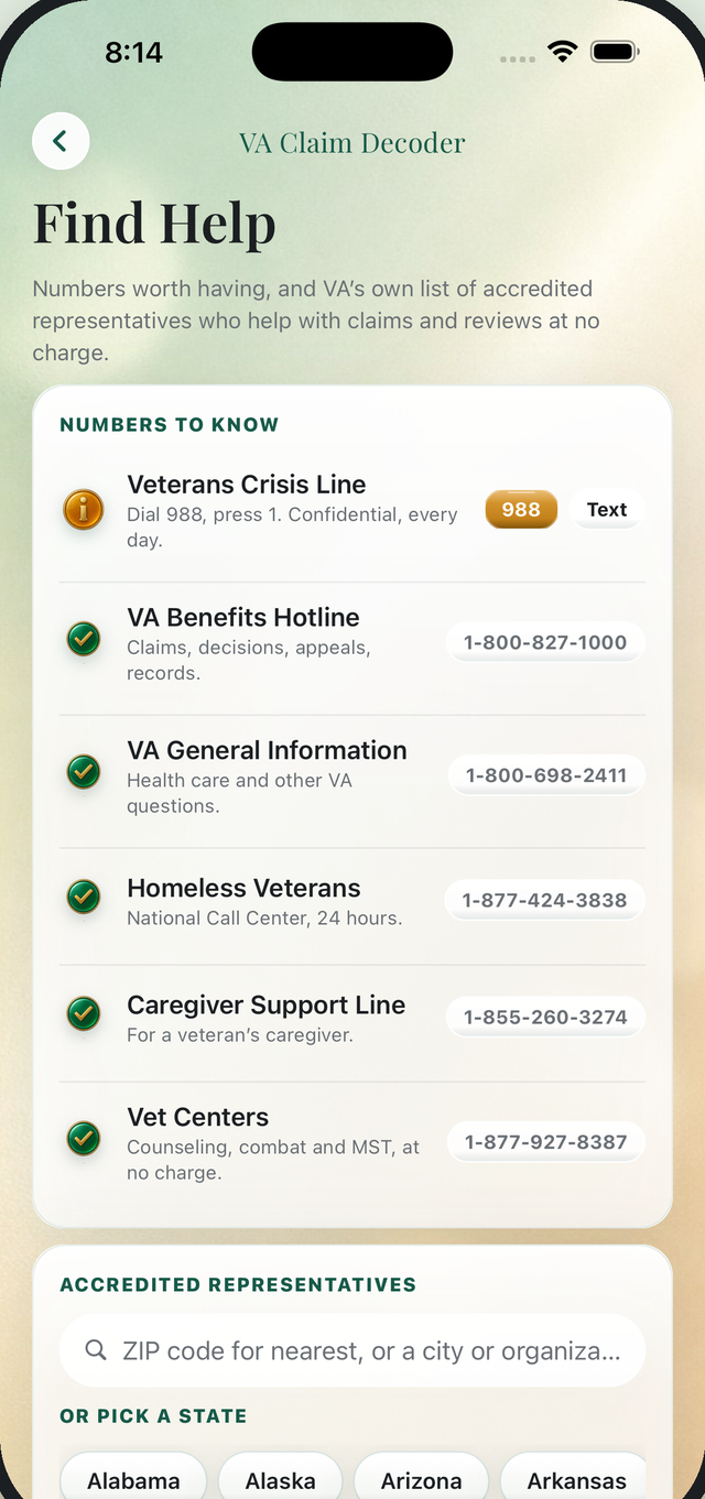 Find Help in the app, with key VA phone numbers and accredited representatives