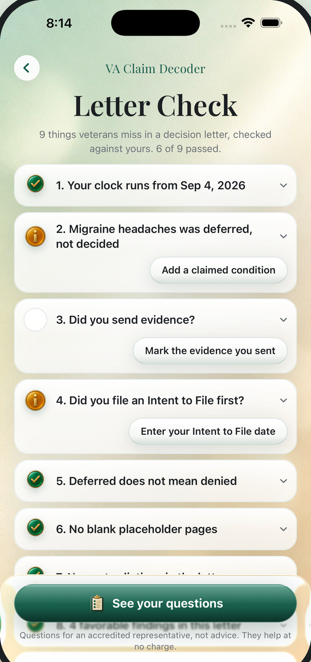 Letter Check in the app, listing nine checks for the sample letter