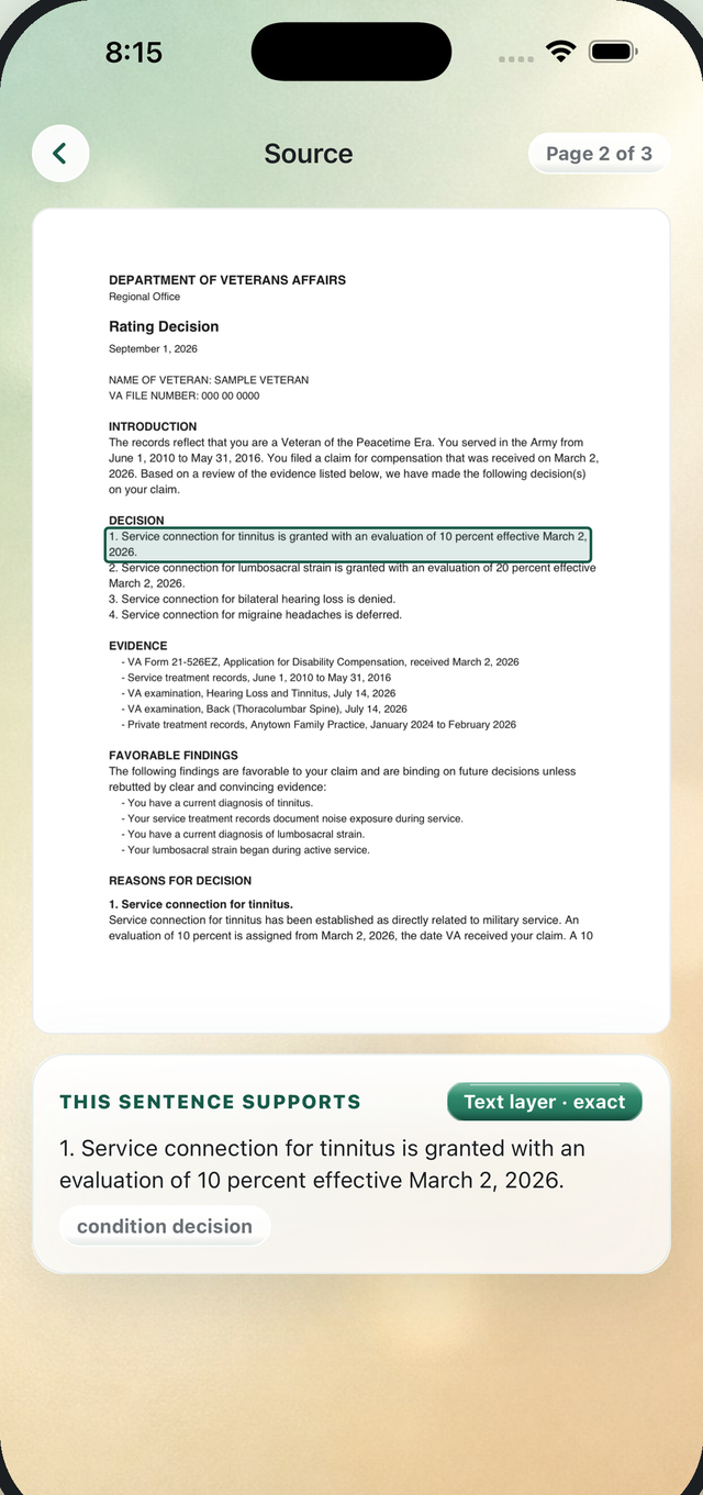 Source view in the app: the letter page with the supporting sentence highlighted